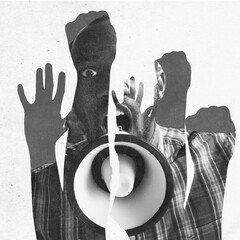 African-American man with intense faze shouting in megaphone layered over silhouettes of raised hands. Equality. Conceptual design. Concept of human rights, protest, freedom of speech