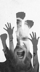 Bearded man shouting, layered with raised fists silhouettes. Passion and strength in social movements. Textured background. Conceptual design. Concept of human rights, protest, freedom of speech