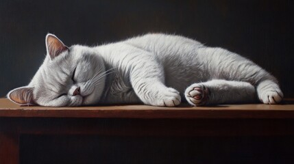 Wall Mural - Sleeping White Cat on a Wooden Surface