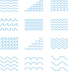Ocean, sea waves flat simple lines icons symbols vector set - Blue line wave ornament