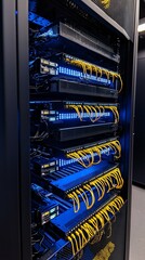 Poster - A secure data center with glowing blue lights and servers symbolizing strong communication security protocols.