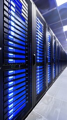 Poster - A secure data center with glowing blue lights and servers symbolizing strong communication security protocols.