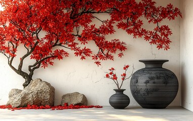 Wall Mural - Red tree, zen garden, rocks, vases, minimalist decor.