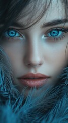 Wall Mural - portrait of a woman with icy blue eyes, sharp and detailed focus, mysterious and captivating atmosphere, elegant and surreal composition