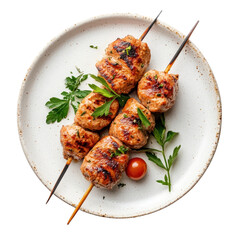 Kebab on a plate, isolated on a white background, elegantly presented for a gourmet look. cutout png