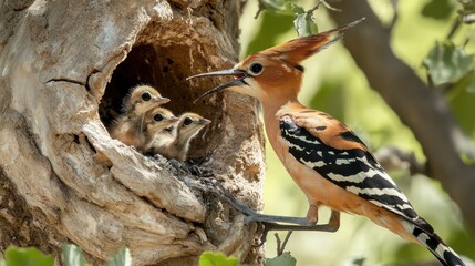 Sticker - Hoopoe Bird Feeding Its Chicks in a Tree Cavity