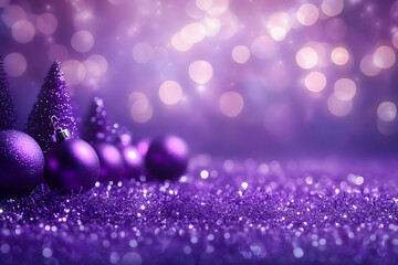 Wall Mural - Happy New Year! Purple christmas background with bokeh lights and christmas tree, New Year or x-mas purple banner bokeh background with room for text