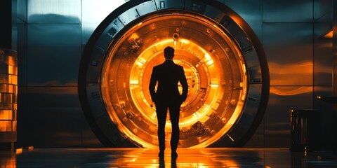 Aufkleber - A mysterious figure stands before a glowing vault door in a futuristic setting. Shadows and light create an intriguing contrast. The stylish design invites curiosity and adventure. AI