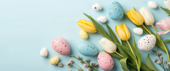 Poster - Festive, tender, delicate composition with Easter eggs and tulips on a light blue background.