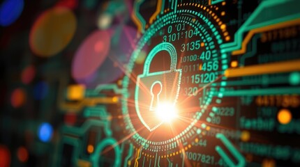 Sticker - cybersecurity concept, glowing padlock icon, digital circuit board background, futuristic technology