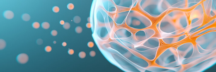 Poster - A 3D abstract sphere composed of interlinked nodes and flowing patterns, glowing softly on a neutral background,