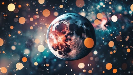 Dramatic Planet in Space with Glowing Bokeh Lights and Nebula