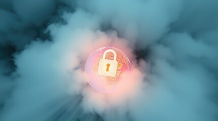Wall Mural - Glowing padlock icon, ethereal clouds, cybersecurity concept, digital protection, mystical atmosphere, soft blue tones, centered composition, ethereal lighting, data privacy visualization, futuristic 