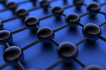Poster - A sleek abstract geometric network with interconnected lines and black nodes against a gradient blue background, emphasizing modern design,