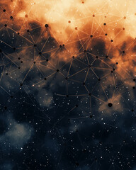 Poster - A mesmerizing abstract geometric structure with black nodes interconnected by dynamic, curved lines against a starry night sky background,