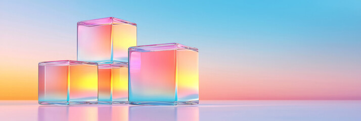 Poster - a sleek arrangement of transparent 3d glass cubes floating against a vibrant gradient sky, showcasin