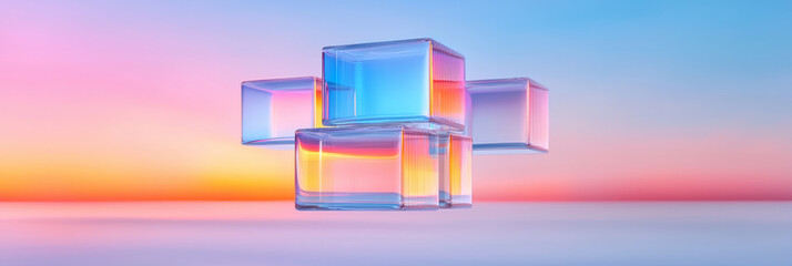 Poster - an abstract scene with multiple glass cubes of varying sizes suspended in mid-air, set against a smo