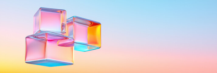 Poster - an abstract scene with multiple glass cubes of varying sizes suspended in mid-air, set against a smo