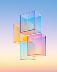 Poster - A dynamic array of colorful 3D glass cubes intersecting and overlapping, illuminated by a gradient blue to purple sky,