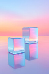 Poster - a tranquil image of reflective 3d glass cubes resting on a smooth surface, with a gradient sunrise s