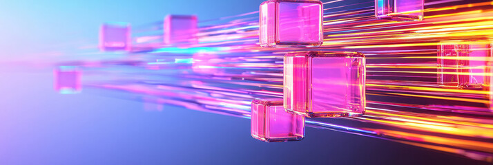 Poster - a futuristic abstract scene with glowing 3d glass cubes connected by thin light beams, set against a