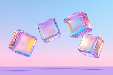 Poster - an ethereal composition of translucent 3d glass cubes with light streaks, floating effortlessly agai