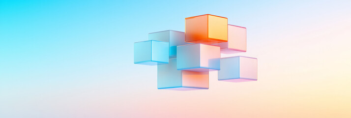 Poster - a clean and modern design with monochromatic 3d glass cubes hovering against a soft gradient sky tra