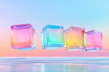 Poster - a peaceful abstract composition featuring floating 3d glass cubes with soft reflections, set against