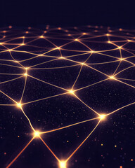 Poster - A futuristic abstract composition of a geometric network with glowing yellow lines branching out over a dark, starry black background,