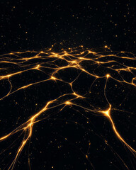 Poster - A futuristic abstract composition of a geometric network with glowing yellow lines branching out over a dark, starry black background,