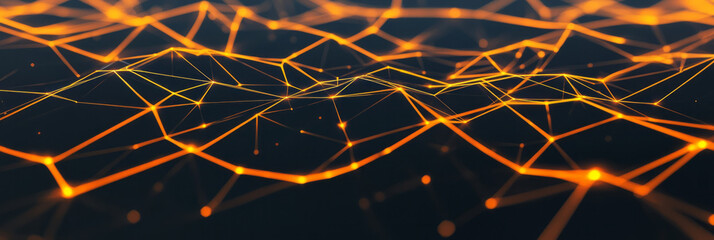 Poster - A futuristic abstract composition of a geometric network with luminous yellow lines and intricate connections against a dark black background, highlighting innovation,