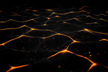 Poster - A sophisticated abstract geometric network featuring intricate yellow lines on a smooth black background, highlighting precision and modernity,