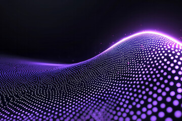 Poster - A vibrant dynamic wave composed of purple dots with a striking neon glow, flowing seamlessly across a dark background,