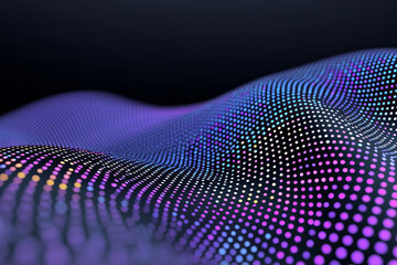 Poster - A vibrant dynamic wave composed of purple dots with a striking neon glow, flowing seamlessly across a dark background,