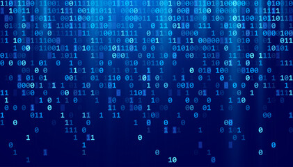 Fototapete - Abstract Blue Binary Software Programming Code Background. Random Parts of Program Code. Digital Data Technology Concept. Random Binary Data Matrix Wide Vector Illustration.