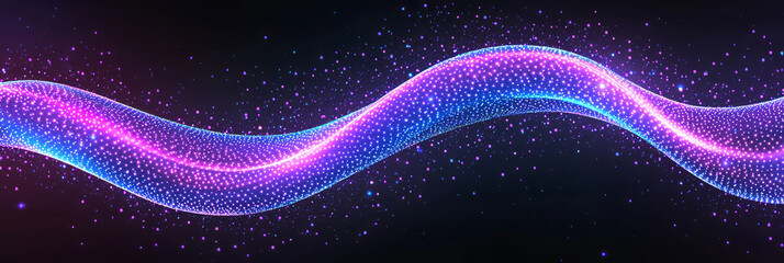 Poster - A mesmerizing purple wave pattern made of numerous glowing dots, illuminated by neon highlights in a futuristic setting,