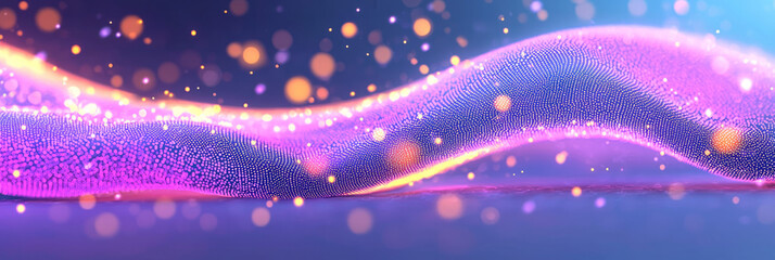 Poster - A mesmerizing purple wave pattern made of numerous glowing dots, illuminated by neon highlights in a futuristic setting,