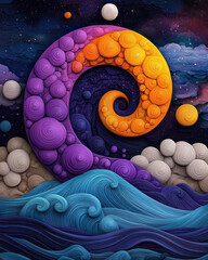 Poster - An intricate purple dotted wave with vibrant neon accents, flowing dynamically across a midnight blue sky,