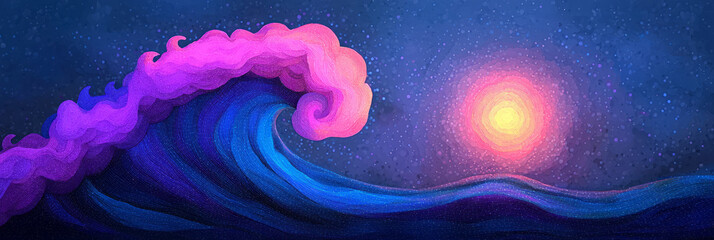 Poster - A flowing wave made of countless purple dots with a radiant neon glow, emphasizing motion and depth in an abstract composition,