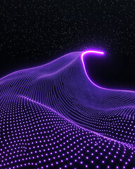 Poster - A futuristic purple dotted wave with pulsating neon lights, sweeping gracefully across a starry black background,