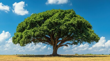 A striking banyan tree with a clear blue sky