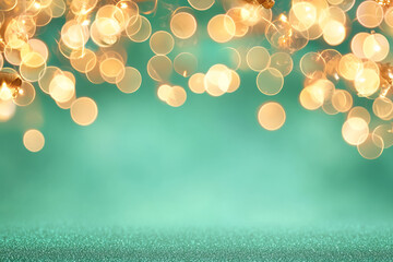 Aufkleber - A vibrant festive scene with golden bokeh lights softly glowing against a lush green background, creating a warm and joyful atmosphere,