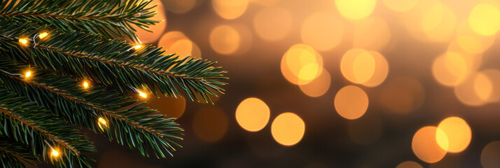 Poster - A magical winter evening with golden bokeh lights twinkling on green pine branches, enhancing the festive spirit,