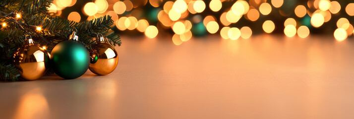Poster - A cozy indoor space decorated with golden bokeh lights and green ornaments, creating a festive and inviting atmosphere,