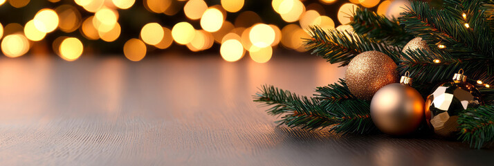 Poster - A cozy indoor space decorated with golden bokeh lights and green ornaments, creating a festive and inviting atmosphere,