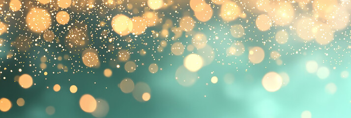 Aufkleber - A minimalist festive scene with scattered golden bokeh lights on a solid green background, emphasizing simplicity and elegance,