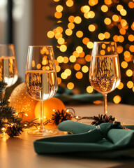 Fototapete - A cheerful holiday party with golden bokeh lights enhancing green decorations, adding warmth and festivity to the setting,