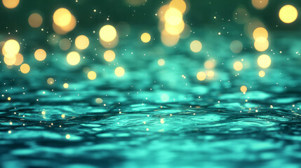 Aufkleber - A tranquil evening with golden bokeh lights reflecting on green water surfaces, creating a serene and festive atmosphere,