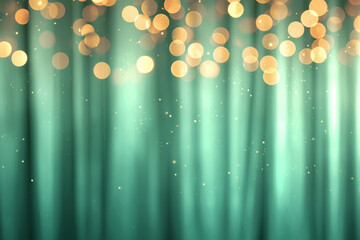 Aufkleber - A festive window display with golden bokeh lights arranged on green curtains, creating a warm and inviting holiday atmosphere,