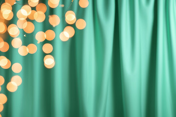 Fototapete - A festive window display with golden bokeh lights arranged on green curtains, creating a warm and inviting holiday atmosphere,